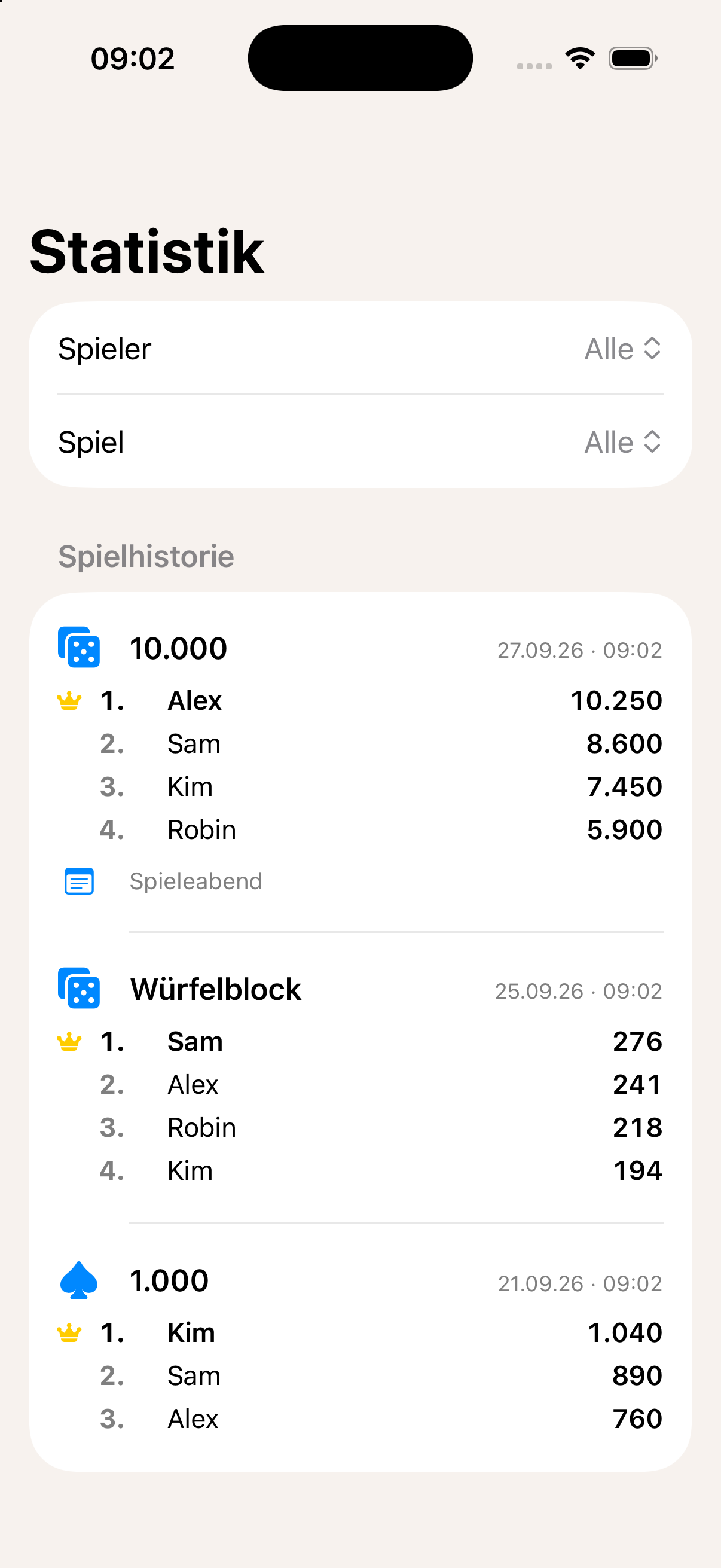 RoundHub – Spielabende im Verlauf